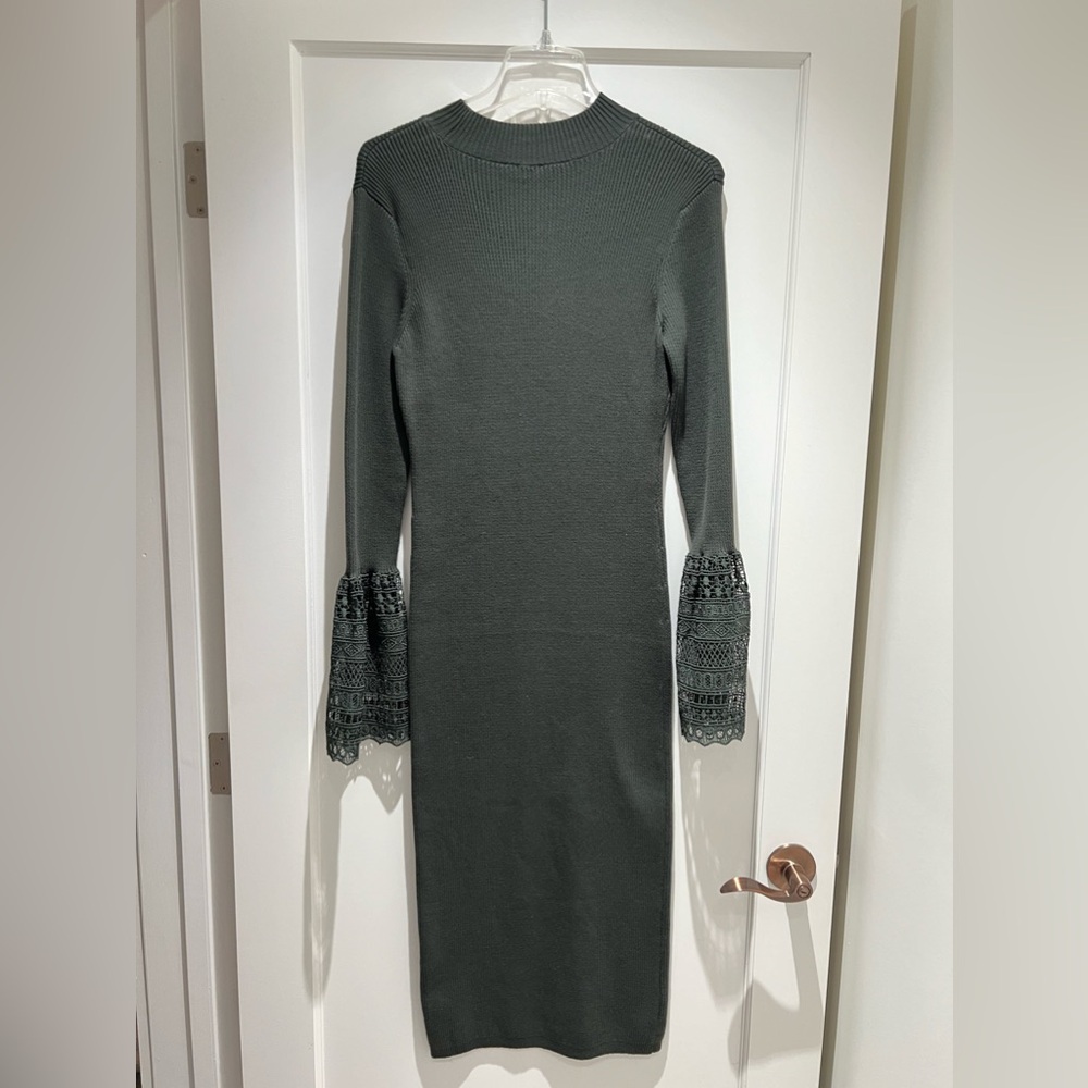 ASOS Khaki Green Ribbed Midi Dress with Crochet sleeve